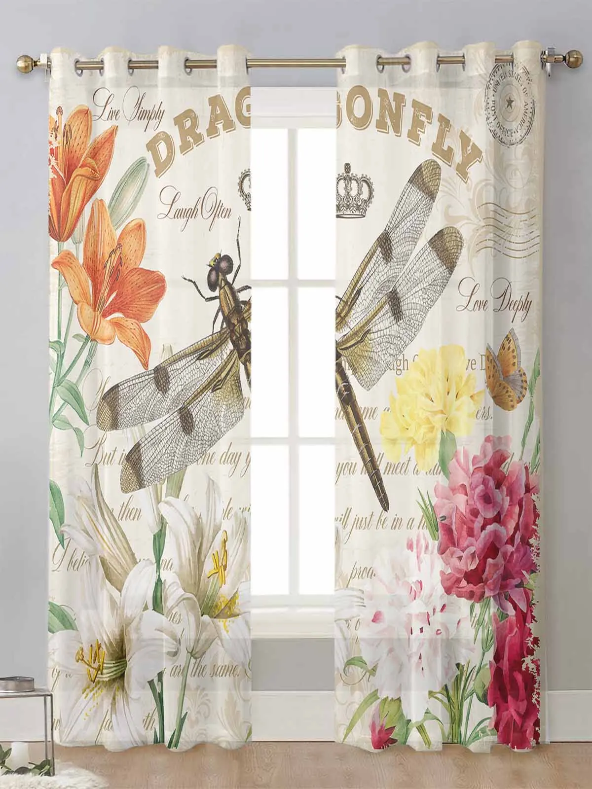 

Flower Dragonfly Crown Vintage Letters Sheer Curtains For Living Room Window Voile Tulle Curtain Cortinas Drapes Home Decor