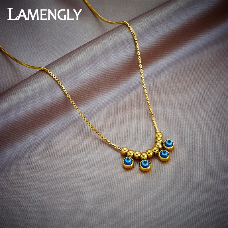 

LAMENGLY 316L Stainless Steel Dark Blue Eye Beads Pendant Necklace For Women Girl New Clavicle Chain Non-fading Jewelry Gift