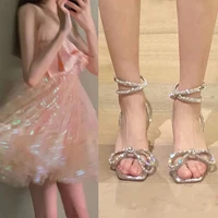 rhinestone sandals womens summer 2022 new square head thick heel with a word strap bow high heels fairy wind middle heel