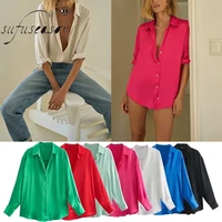 satin shirt casual women lapel solid elegant blouses 2022 office wear long sleeve loose up female single breasted tops za woman