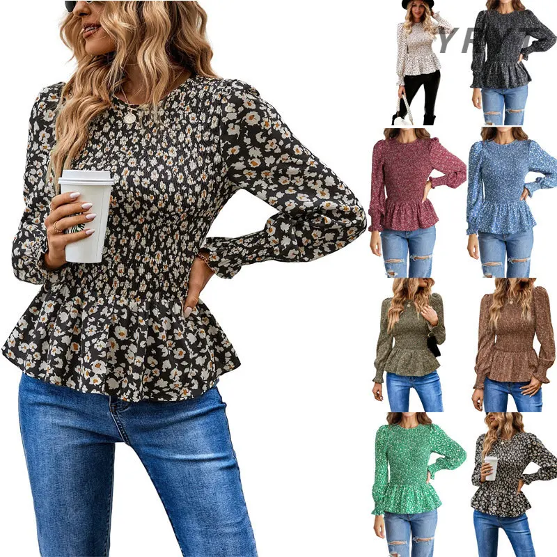 

Popular spring and summer new long-sleeved waist printed shirt and top