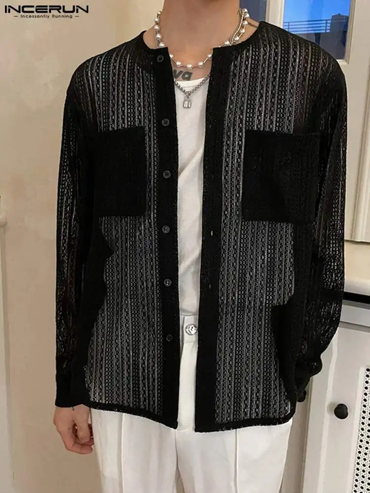 

INCERUN Tops 2022 Korean Style New Men See Through Long Sleeve Shirts Fashion Casual Male Fancy Mesh Fishnet Lapel Blouse S-5XL