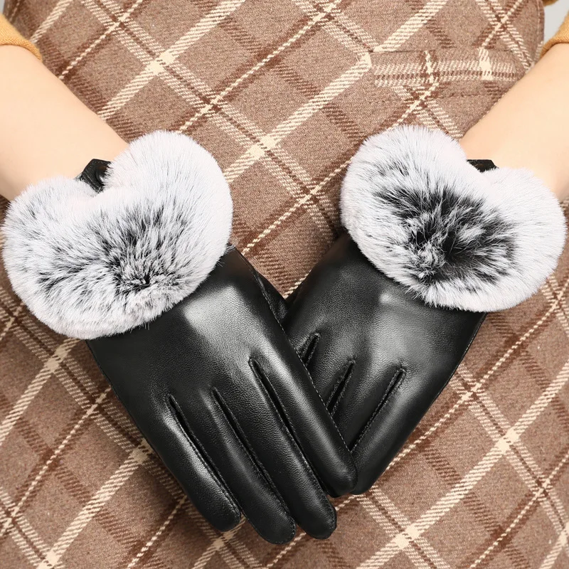 Real Leather Gloves Female Autumn Winter Thicken Touchscreen Fashion Wrist Rabbit Hair Sheepskin Women Gloves YSW0056