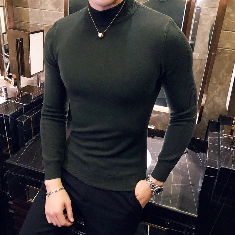 2022 Men's Fall Winter Fashion Long Sleeve Knit Sweater Simple Solid Color Slim Casual High Neck Streetwear