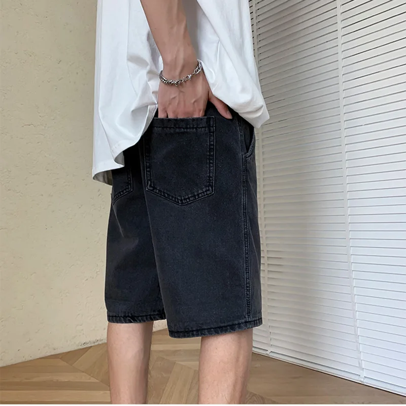 Джинсовые повседневные шорты мужские летние модели однотонные свободные прямые