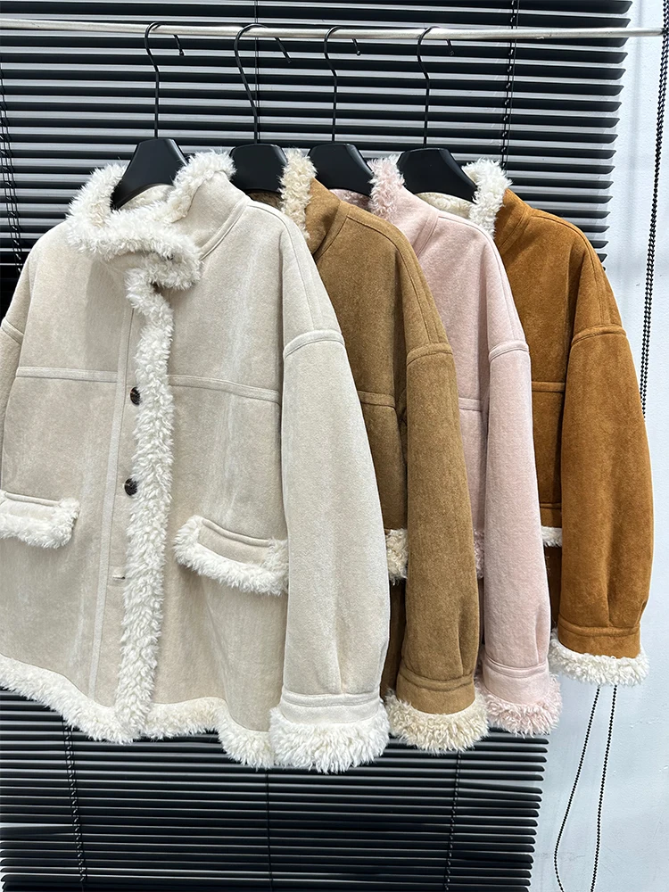 Korean Series Warm Fur Collar Suede Thickened Integrated Women 2024 Winter New Lamb Wool Mid-Length Outerwear Tide