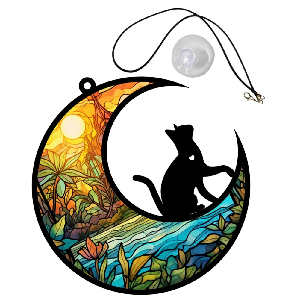 

Cat Moon Window Hanging Artwork Stained Acrylic Door Wall Decoration