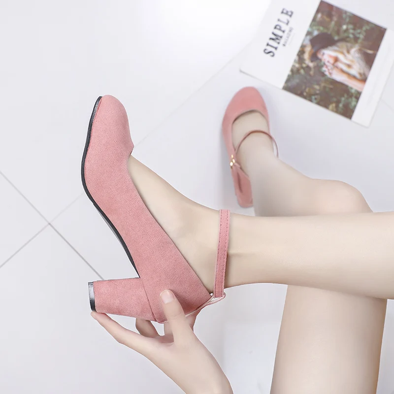 Туфли-лодочки женские из флока на высоком каблуке 5 см с ремешком щиколотке -