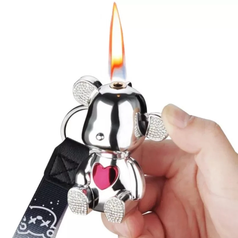 

Kawaii Creative Bear Diamond Lighter Keychain Metal Lovely Mini Inflatable Butane Torch Lighter Smoking Accessories Girl Gift