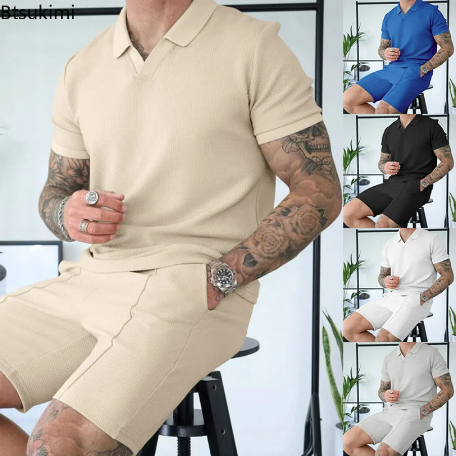 

2023 Summer Casual 2PCS Shorts Sets for Men Polo Shirts and Shorts Solid Fitness Sports Clothing Sets Male Sweatshirts Tracksuit