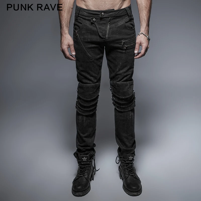 PUNK RAVE Gothic Steampunk Men Military Jeans Pants Slim Fit Street Pencil Pants Metal Style Jeans Streetwear Hip Hop Jeans