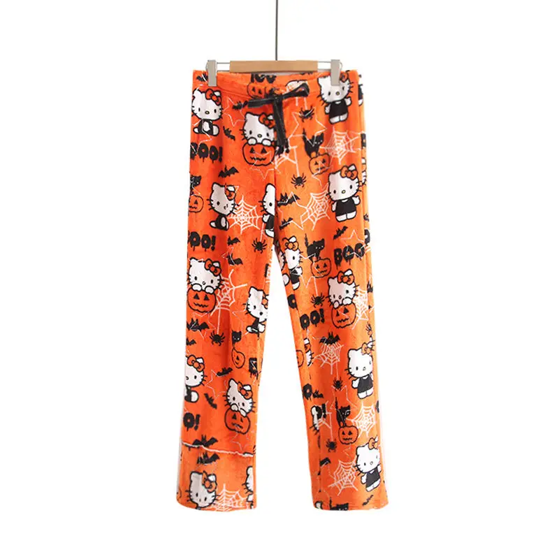 

New Sanrio Hello Kitty Halloween Pajamas Flannel Pants Women's Autumn Winter Warm Leisure Home Wear Y2k Clothes for Women Girls