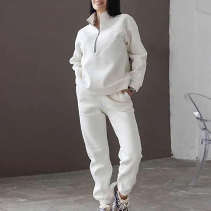 

Повседневный пуловер на молнии, свитшот и прямые брюки, спортивный костюм, женский однотонный осенний комплект из двух предметов, зимний од...