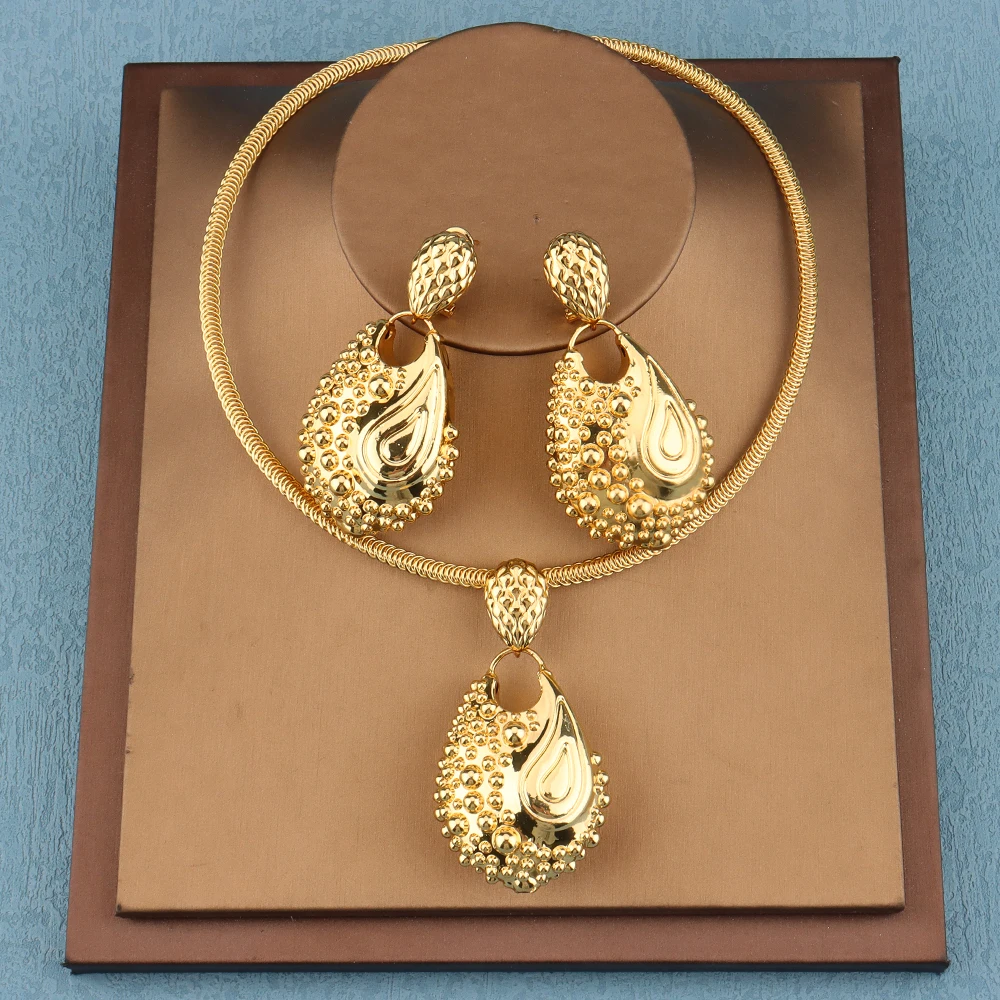 

Unique Jewelry Sets for Women Dubai Gold Plated African Metal Earrings Necklace for Nigeria Bride Wedding Jewelry Party Gift