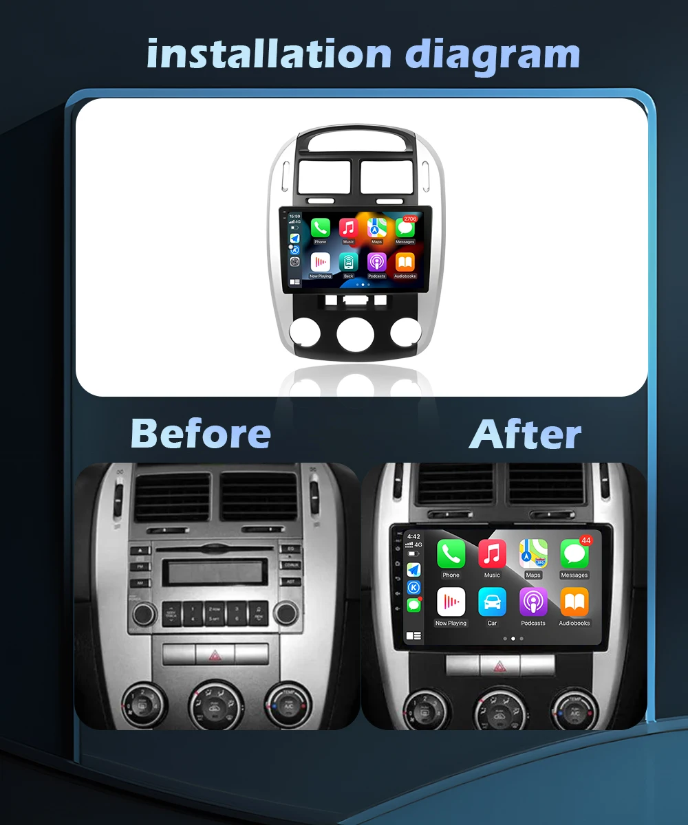 Фото 9-дюймовый беспроводной навигатор CarPlay GPS для Kia Cerato 1 LD 2004-2008, автомобильная мультимедийная система с Android 16, DSP, стерео, Bluetooth, 4G, Wi-Fi №2