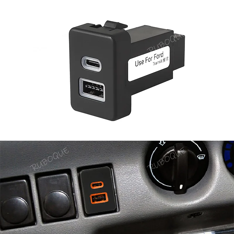 

12V 24V Car Charger Socket Dual USB PD Type C Charging Outlet Power Adapter Phone For Ford Transit