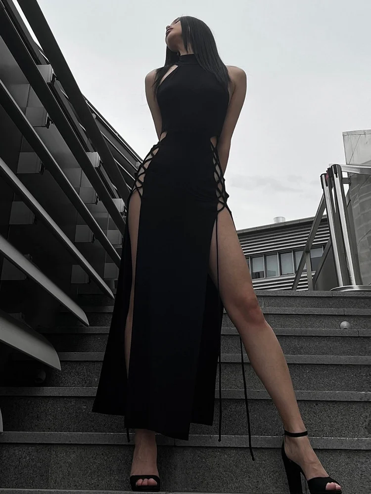 

SUJYing New Fashion Spring Sexy Hanging Neck Hollowed-out Double Split Dress 2023 New Slim And Slim Hot Girl Dress