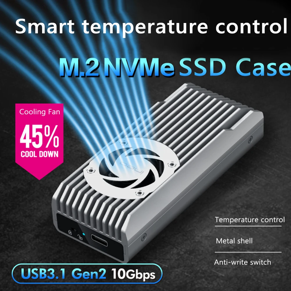 

10Gbps M2 SSD Case Built-in Cooling Fan Metal M.2 NVME Enclosure Write Protection USB3.1 Gen2 Type-C Support 2230 2242 2260 2280