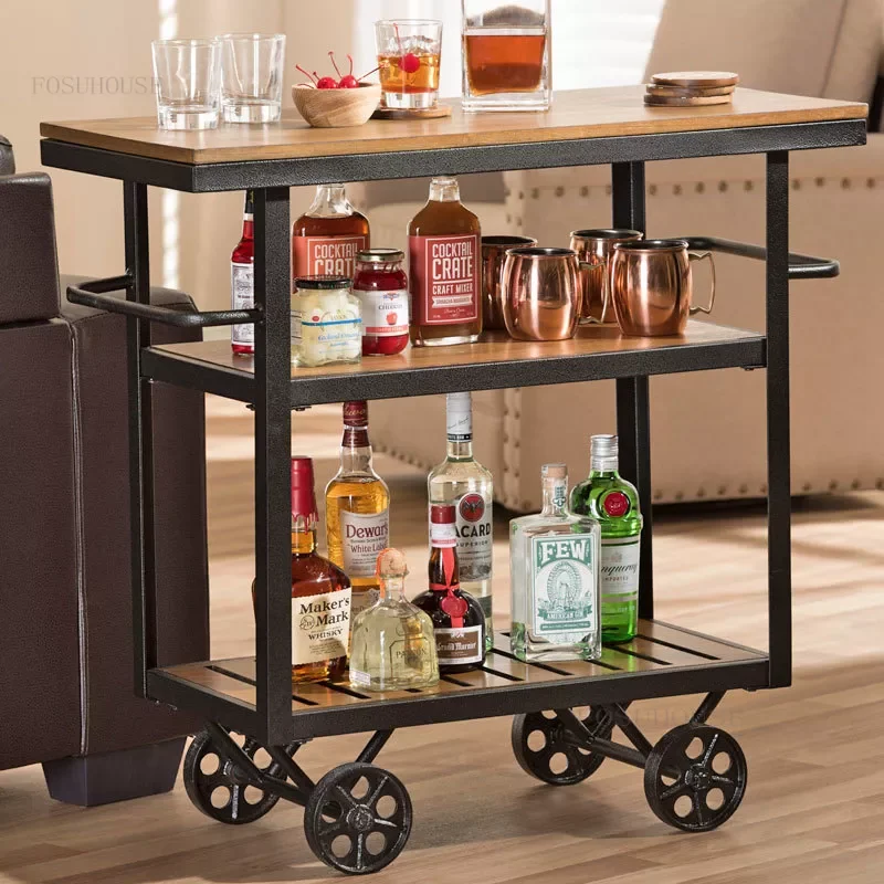 

Retro Restaurant Dining Cart Solid Wood Hotel Wine Racks Household Kitchen Island Table Small Apartment Bar Trolley with Wheels