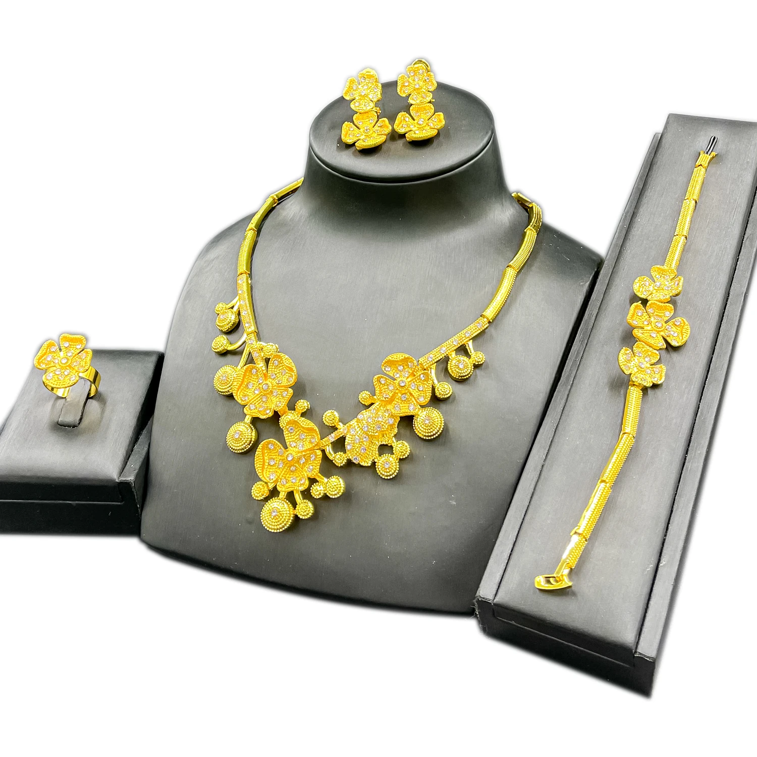 

African Jewelry Set Crystal Necklace Flower Bracelet for Women Birthday Party Gift Stud Earrings Ring Wedding Accessories
