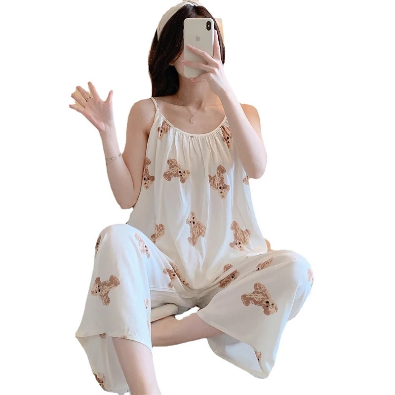 2pcs Women's Viscose Pajamas Sets New Summer Sleepwear for Women Lovely Home Spring Suspender Suits  Femalen Fashion Loungewear