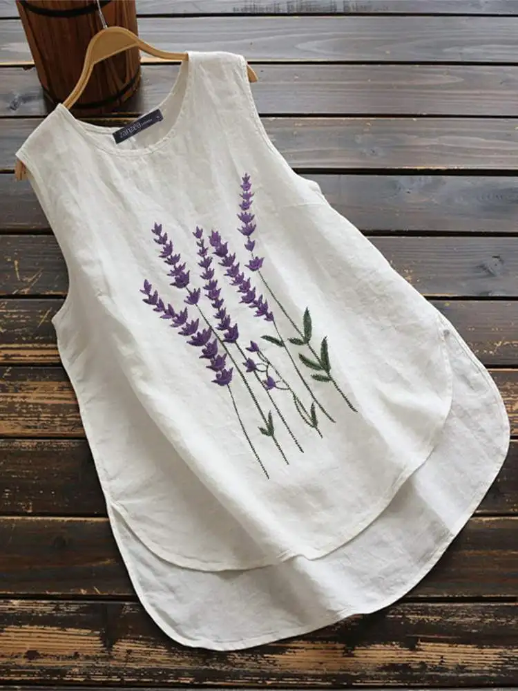 

Женская винтажная блузка с цветочной вышивкой ZANZEA, летние майки, повседневные топы с круглым вырезом, Повседневная Свободная рубашка без ру...