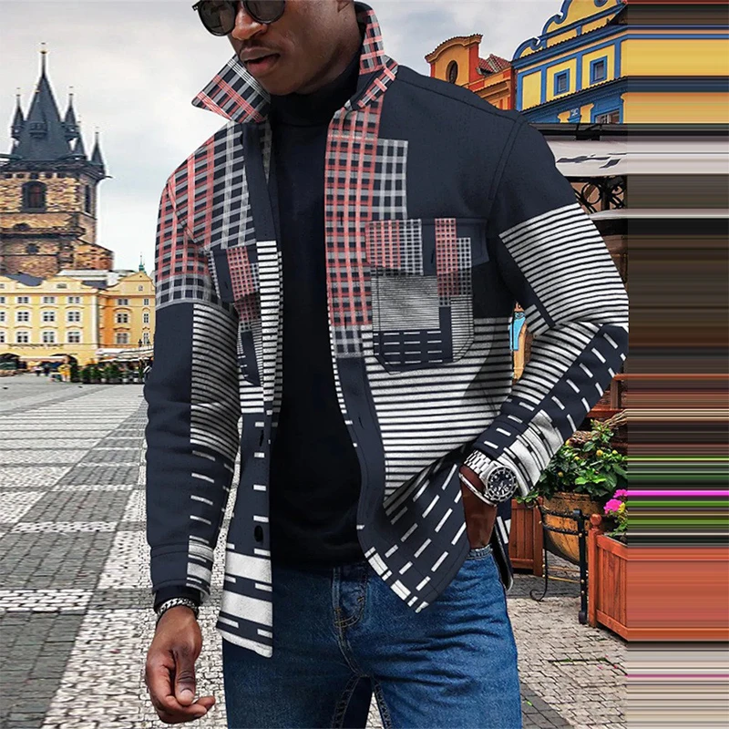 

2023 Vintage Windbreaker Men Jackets Stripe Autumn Winter Fashion Loose Lapel Coats Outerwear Long Sleeve Button-down Man Jacket