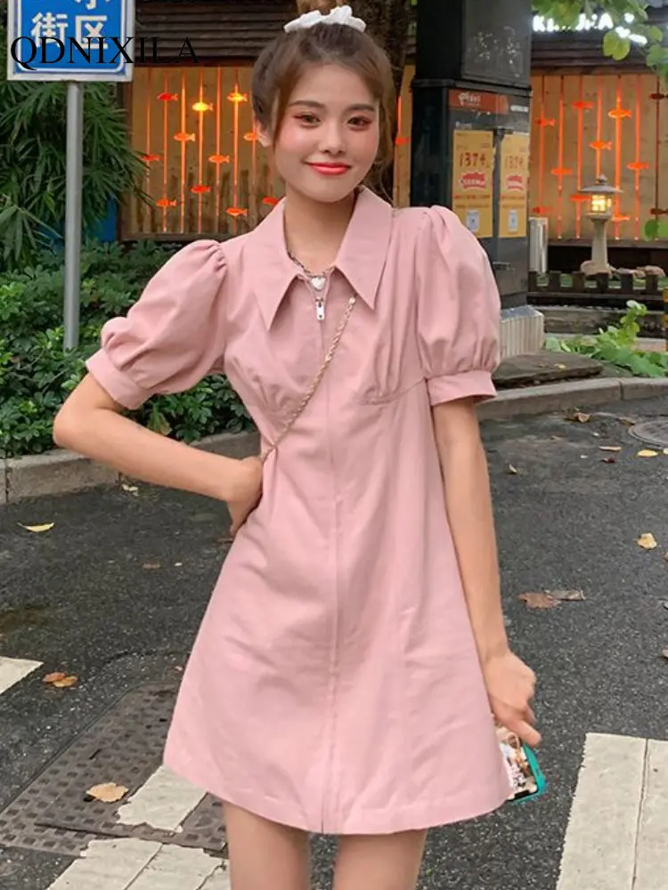 

2023 Women's Summer New In Pink Dresses Korean Fashion Sweet Puff Short Sleeve Chic and Elegant Slim A-line Woman Short Dresses
