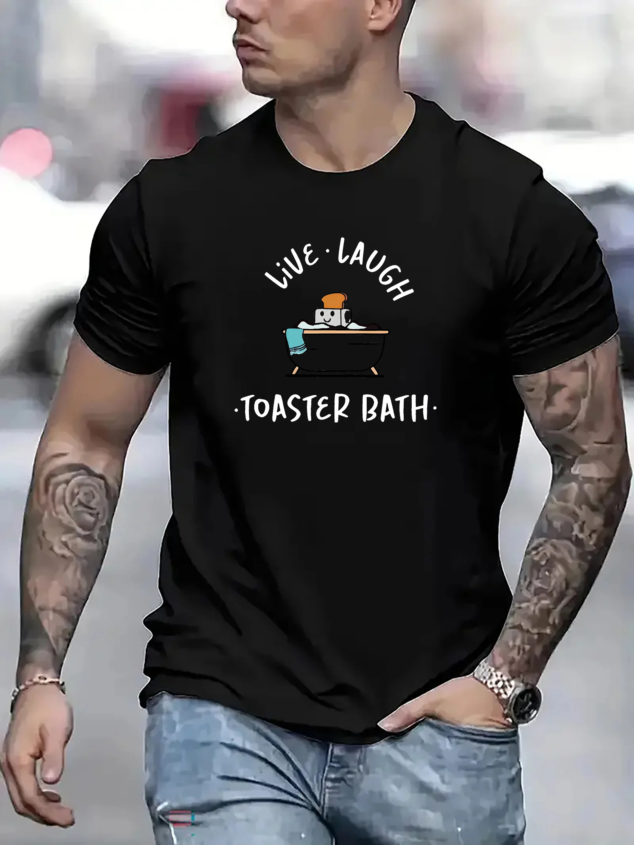 Men's Fashion Novelty Graphic T-Shirt with &quotLive Laugh Toaster Bath&quot Print Casual Crew Neck Short Sleeve Tee Polyester Knit Fa