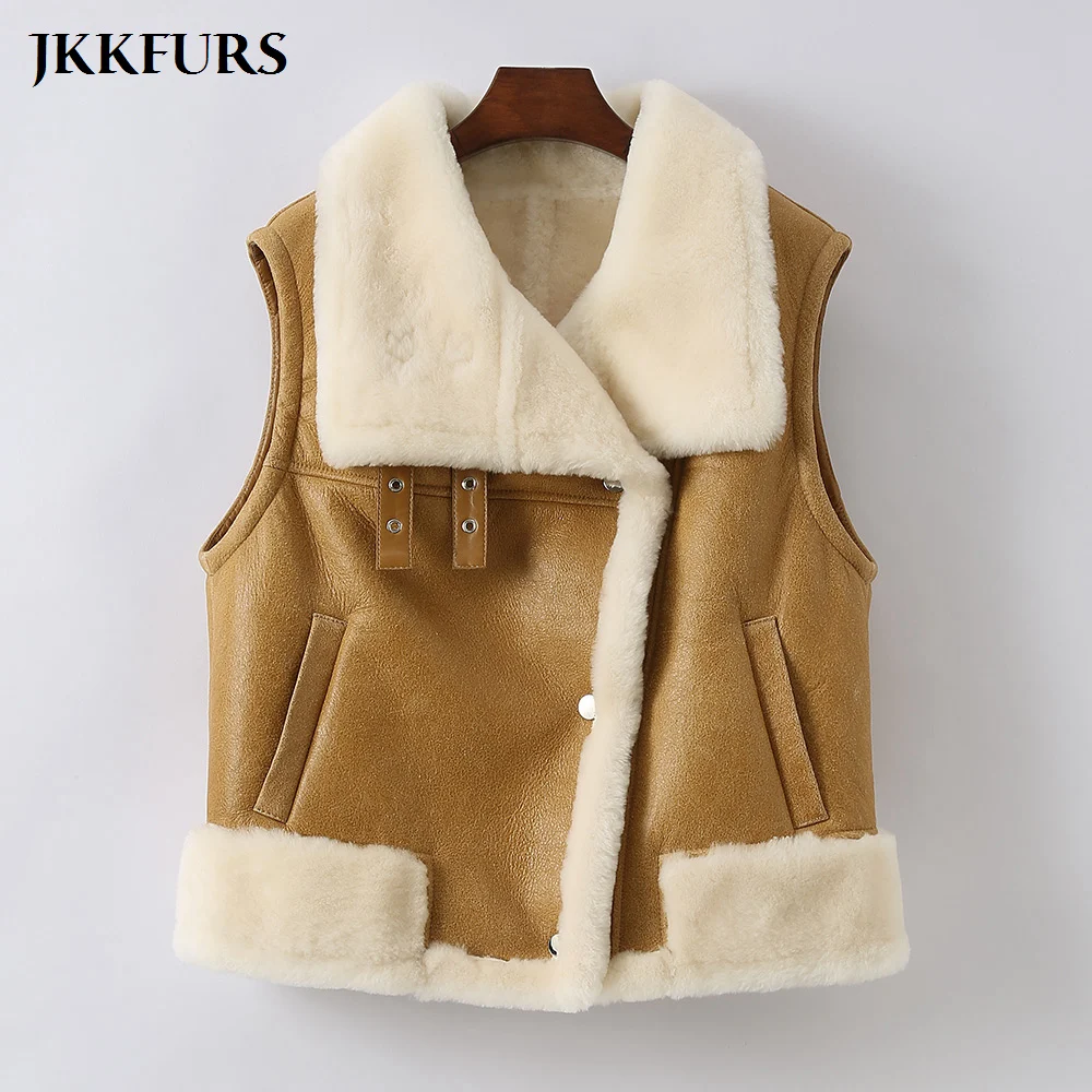 Women's Shearling Vest Genuine Leather Coat Warm Real Wool Waistcoat Double Face Biker Gilet MH3638L