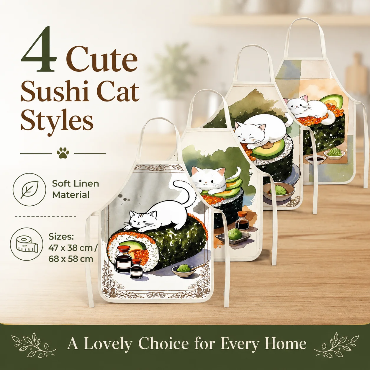 Фото Фартук без рукавов из льняной ткани с акварельным рисунком Kawaii Neko Sushi Roll для женщин, любящих животных, для домашней работы, выпечки, уборки, защиты от грязи, подарок №5