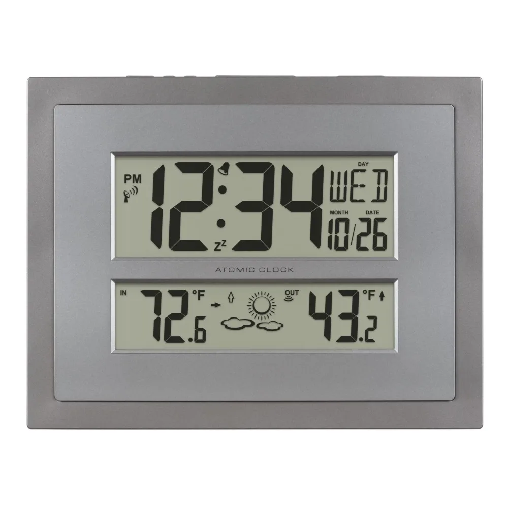 

Atomic Digital Gray Silver Contemporary Clock with Multiple Time Zones Temperature Display Alarm Clock Daylight Saving