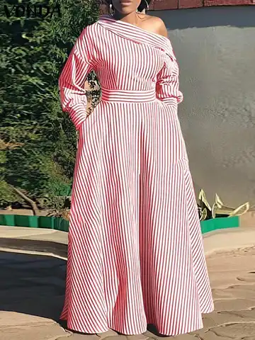 Женское платье-макси в полоску, с длинным рукавом-фонариком