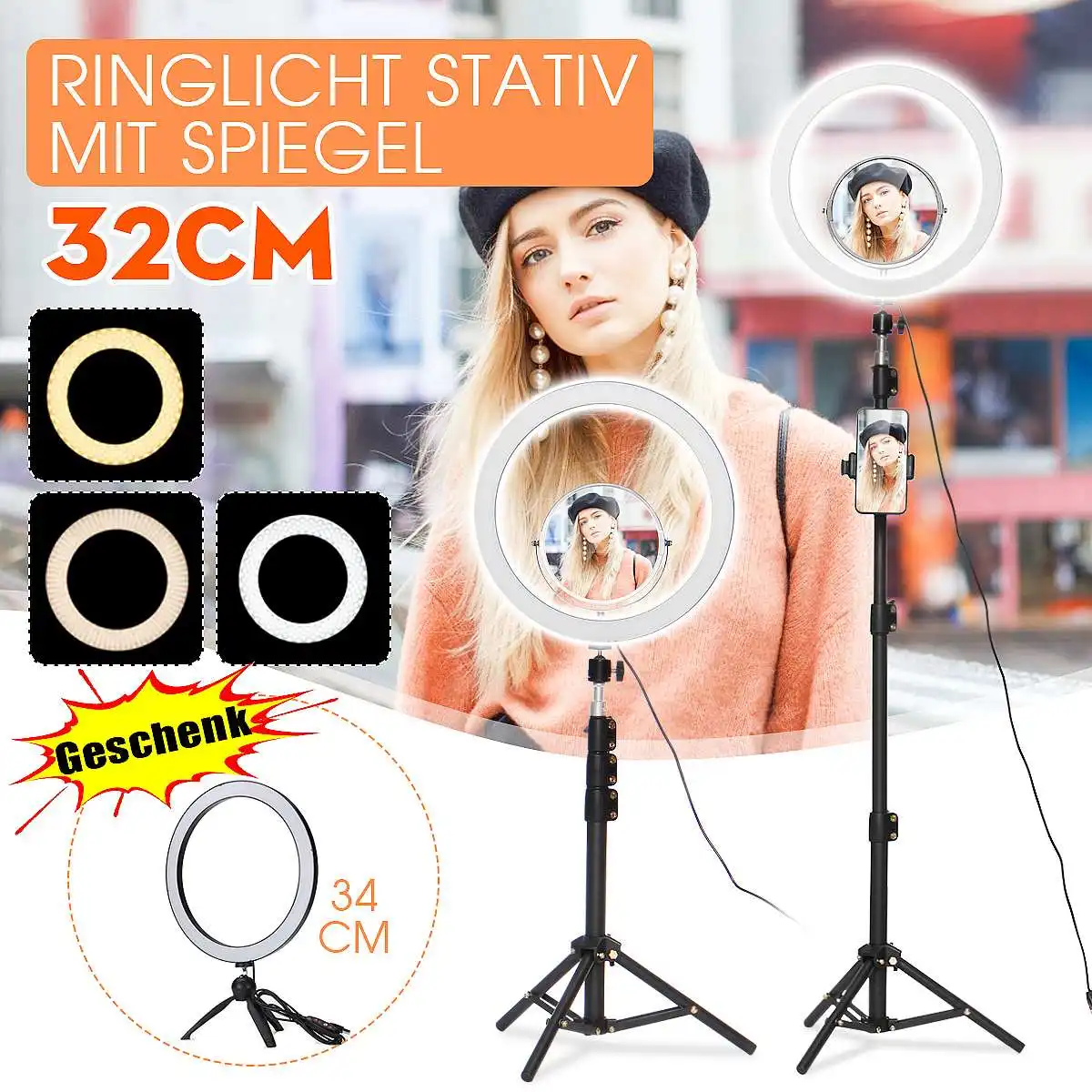 

Makeup LED Selfie Ring Light With Tripod Stand and Vanity Mirror Bluetooth Remote Control Cell Phone Holder for Live Streaming