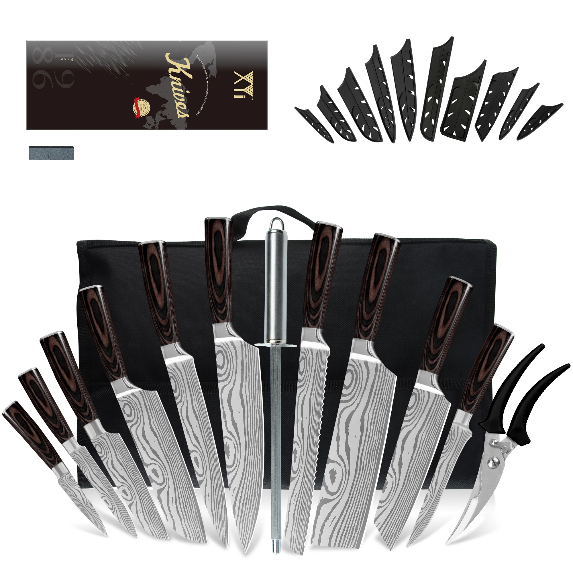 

XYJ Professional Cooking Knives Set With Stainless Steel Chef Scissor Sharpener Rod Carry Bag Kitchen Tools Set Ergonomic Handle