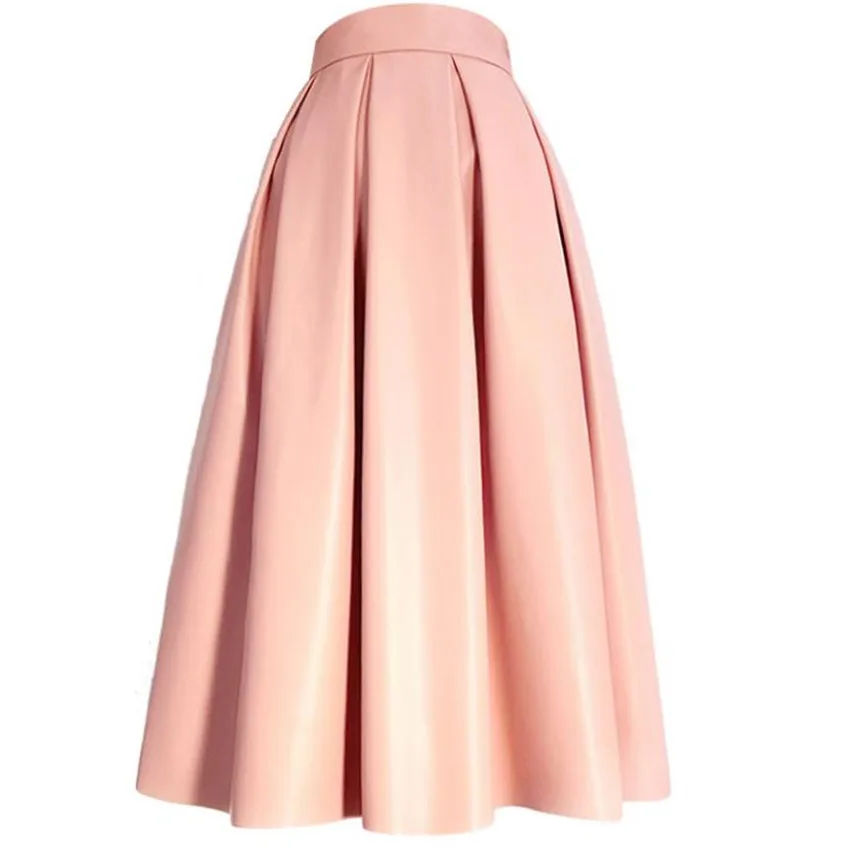 Retro Spring Autumn Faux Leather Pleated Ball Gown PU Skirt Women High Waist Party Princess Soild Color