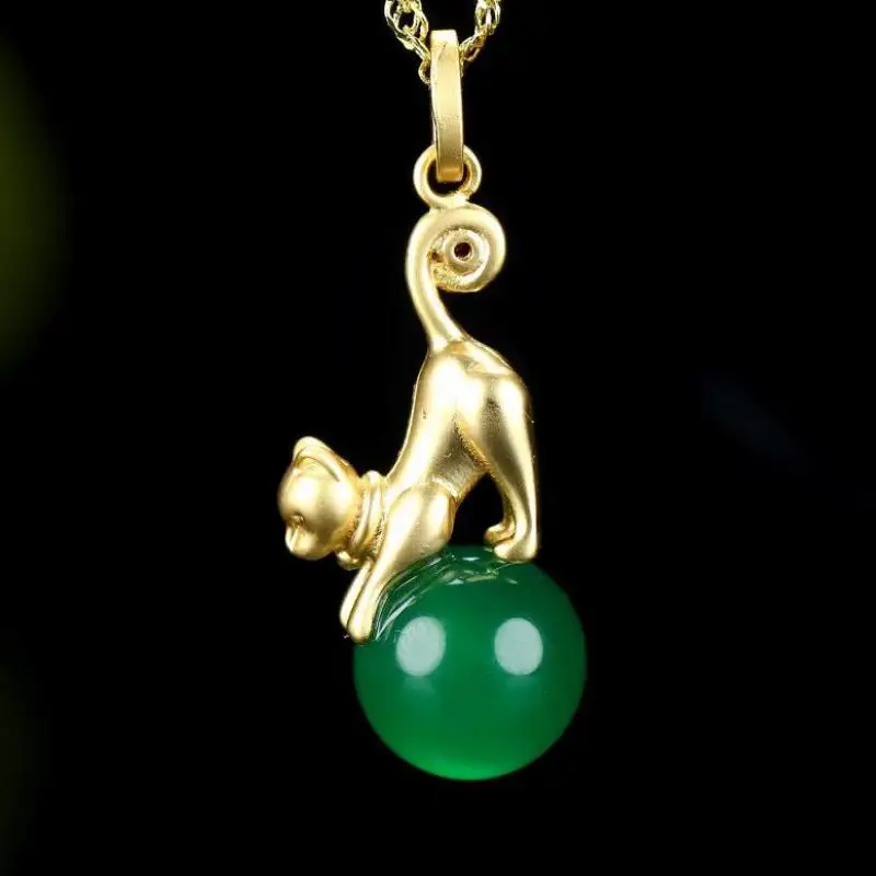 

24k Real Gold Plated Copper Kitten Pendant Necklace Women Fine Jewelry Genuine Myanmar Jadeite Small Cat Lucky Charms Amulets