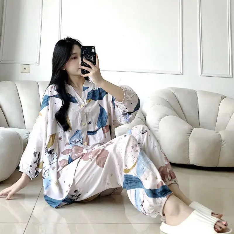 2023 New Women Pajama Sets 3/4 Sleeves Cotton Big Size Pijamas for Women Two-piece Set Elegant Loungewear Night Wears for Women