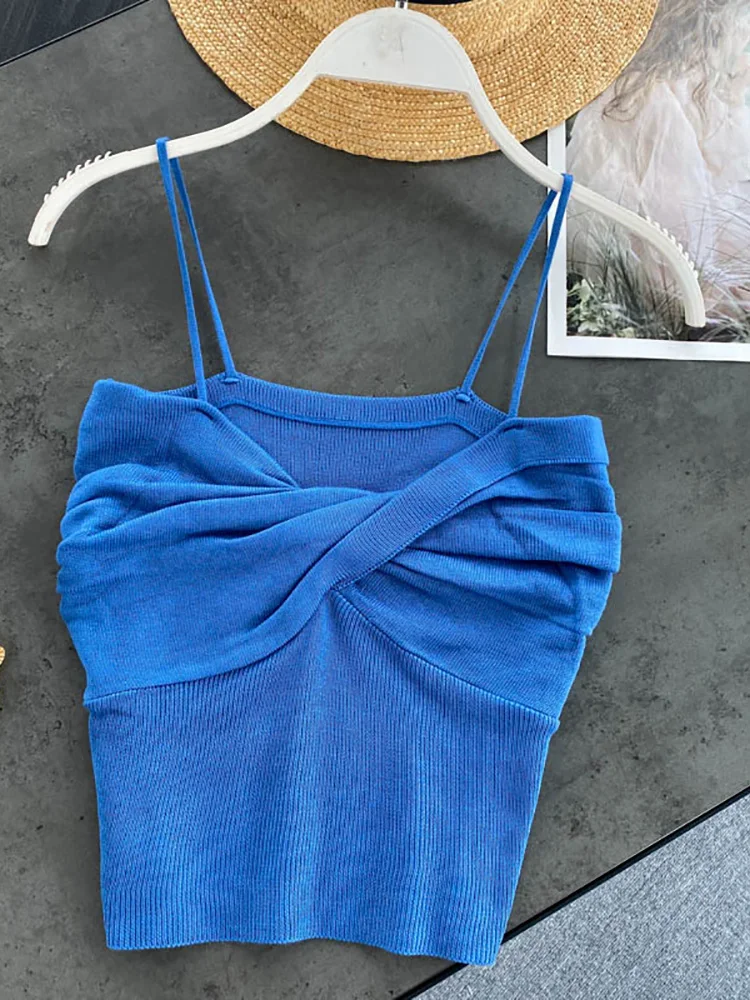 

Heliar Women Blue Knitted Sexy Strappy Female Slim Crop Tops Knitted Sexy Tops For Women Cloth 2022 Summer Strapy Camisoles