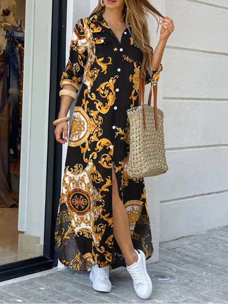 

ZANZEA Bohemian Printed Women Shirt Dress 2022 Spring Autumn Long Sleeve Maxi Dresses Casual Lady OL Lapel Oversize Party Robe 7