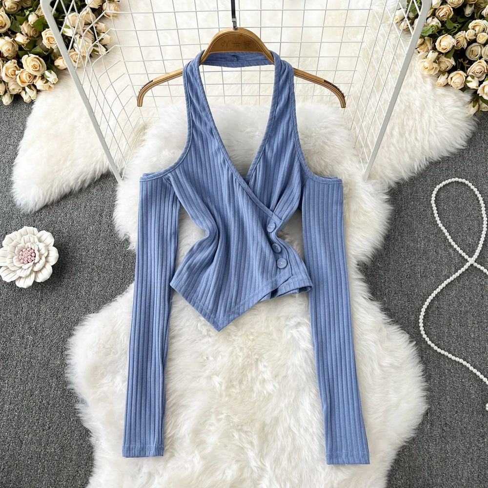 

Женская футболка с открытыми плечами, длинным рукавом и открытой спиной