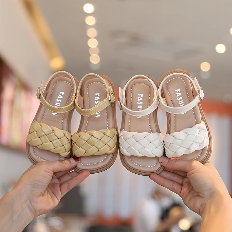 

2023 Summer New Girls Sandals Fashion Woven Children's Casual Beach Shoes Soft Soled Peep-toe Kids Flats Princess Sandals 21-36