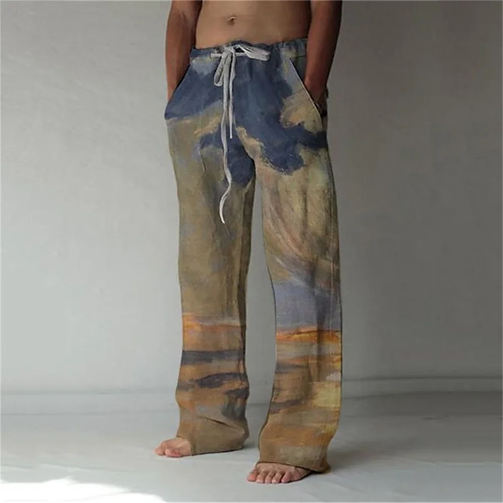 

2023 Summer Men's Baggy Beach Pants Elastic Drawstring Pattern Printed Landscape Comfortable, Soft, and Casual Pretend
