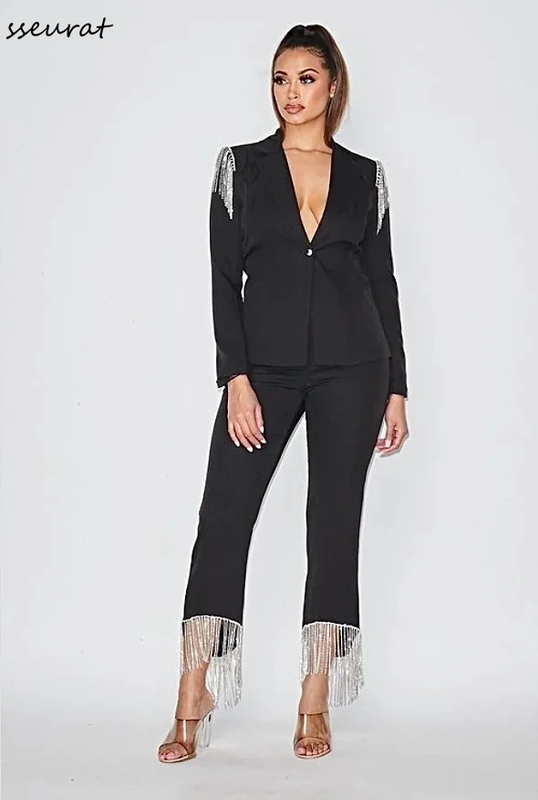 

Two-Pieces Women Blazer Sets Sexy Elegant Woman Tassel Jacket And Trousers Suit Chic Women Office Ladies Outfit