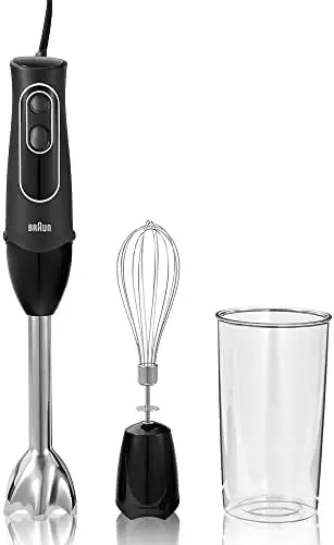 

5 Immersion Hand Blender Patented Technology - Powerful 350 Watt - Dual Speed - Includes Beaker, Whisk, 505, Black, MQ505