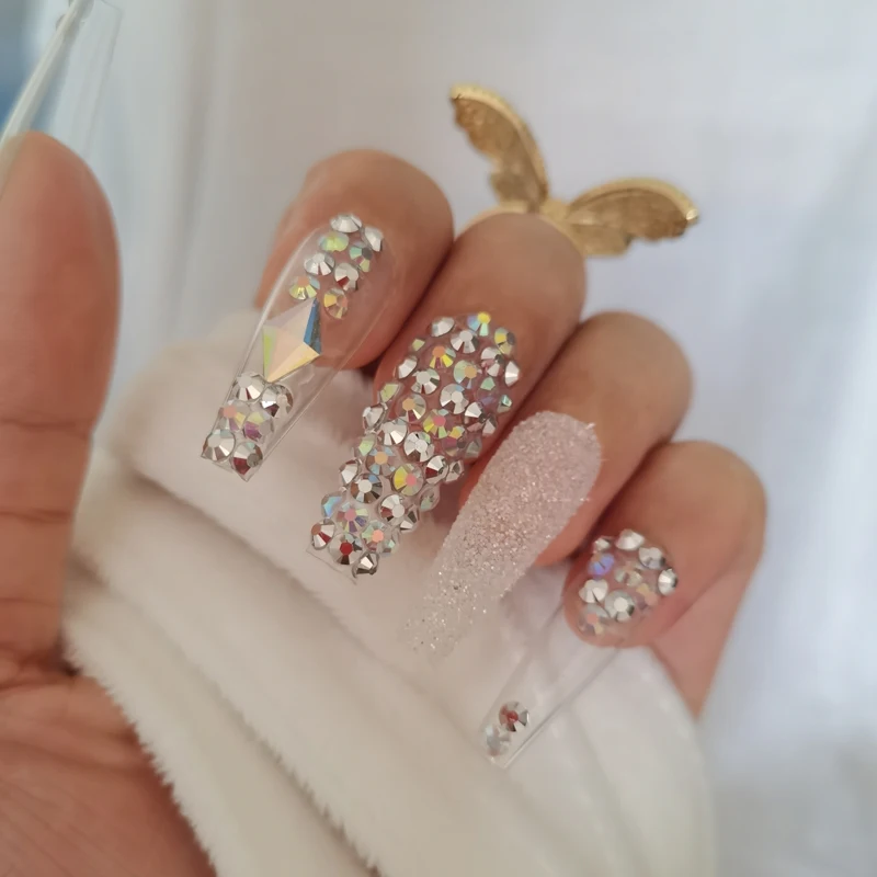 

24pcs New luxury jewelry long ballet coffin fake nails crystal diamond Transparent-1
