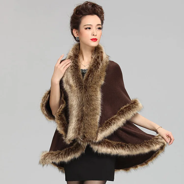 

Autumn Winter New Style Imitation Raccoon Fur Collar Knitted Cape Cardigan Warm Poncho Lady Capes Coffee Cloaks