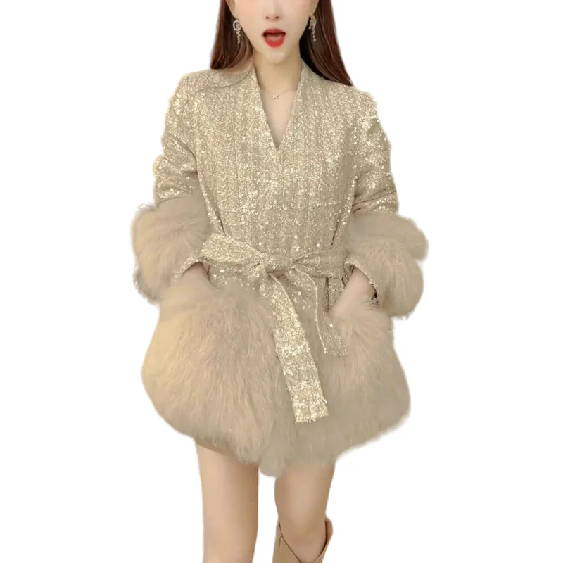 High Sense Winter New Korean Style V-neck Heavy Embroidery Sequins Short Coat Long Sleeve Stitching Fox Fur Clothes for Women