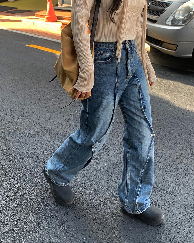 

South Korea chic autumn and winter niche retro irregular design high waist all wear thin daddy wide-leg pants jeans female