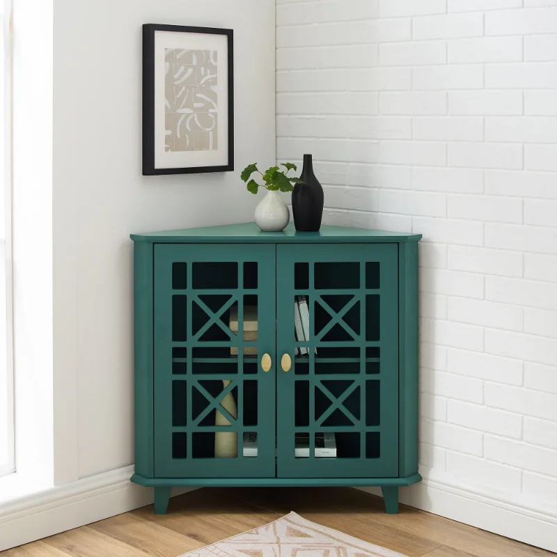 

Transitional Fretwork Doors Corner Accent Cabinet, Dark Teal